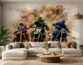 Fototapeta z wyścigiem motocross – akwarelowe motocykle enduro, kłęby kurzu i sportowe emocje dla chłopca i nastolatka