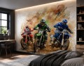 Fototapeta z wyścigiem motocross – akwarelowe motocykle enduro, kłęby kurzu i sportowe emocje dla chłopca i nastolatka
