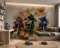 Fototapeta z wyścigiem motocross – akwarelowe motocykle enduro, kłęby kurzu i sportowe emocje dla chłopca i nastolatka