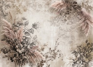Romantyczna fototapeta z kwiatami i trawą pampasową – rycina botaniczna, beżowe tło i puszyste pióropusze w stylu Boho i Organic Modern
