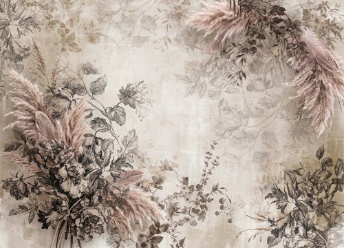 Romantyczna fototapeta z kwiatami i trawą pampasową – rycina botaniczna, beżowe tło i puszyste pióropusze w stylu Boho i Organic Modern