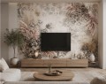 Romantyczna fototapeta z kwiatami i trawą pampasową – rycina botaniczna, beżowe tło i puszyste pióropusze w stylu Boho i Organic Modern