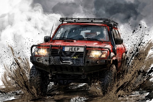 Męska fototapeta z samochodem terenowym 4x4 – czerwony jeep, rozbryzgi błota i dym w stylu Off-Road i Grunge