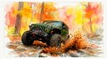 Fototapeta z samochodem terenowym – zielony jeep, jesienny las i rozbryzgi wody w stylu Off-Road i Sketch Art 