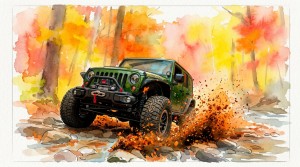 Fototapeta z samochodem terenowym – zielony jeep, jesienny las i rozbryzgi wody w stylu Off-Road i Sketch Art 