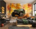 Fototapeta z samochodem terenowym – zielony jeep, jesienny las i rozbryzgi wody w stylu Off-Road i Sketch Art 