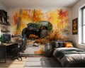 Fototapeta z samochodem terenowym – zielony jeep, jesienny las i rozbryzgi wody w stylu Off-Road i Sketch Art 