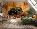 Fototapeta z samochodem terenowym – zielony jeep, jesienny las i rozbryzgi wody w stylu Off-Road i Sketch Art 