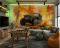 Fototapeta z samochodem terenowym – zielony jeep, jesienny las i rozbryzgi wody w stylu Off-Road i Sketch Art 