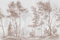 Rustykalna fototapeta z leśnym pejzażem – linearny szkic sosen, szary las i rycina botaniczna w stylu Vintage i Scandi