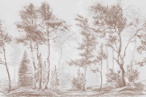 Rustykalna fototapeta z leśnym pejzażem – linearny szkic sosen, szary las i rycina botaniczna w stylu Vintage i Scandi