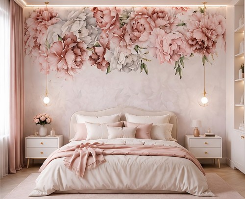 Fototapeta z pwoniami – pastelowe kwiaty, akwarelowa girlanda i subtelne tło w stylu Shabby Chic i Glamour PEONIA