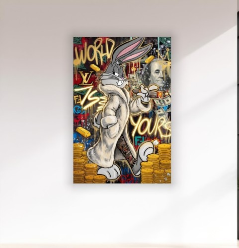 Obraz KRÓLIK BUGS WORLD IS YOURS Szynszyla Cygaro Sztabki Złota Monety Pop Art