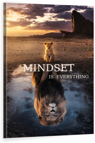 Obraz LEW MINDSET IS EVERYTHING Małe Lwiątko Odbicie w Wodzie Motywacyjny Pejzaż