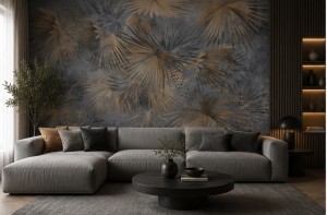 Fototapeta liście palmy – złote akcenty, ciemnoszary beton i struktura loft w stylu modern jungle