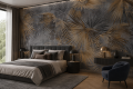 Fototapeta liście palmy – złote akcenty, ciemnoszary beton i struktura loft w stylu modern jungle