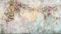Fototapeta pnące róże – fioletowe kwiaty, girlanda i przecierana ściana grunge w stylu vintage i shabby chic
