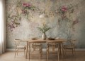 Fototapeta pnące róże – fioletowe kwiaty, girlanda i przecierana ściana grunge w stylu vintage i shabby chic