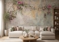 Fototapeta pnące róże – fioletowe kwiaty, girlanda i przecierana ściana grunge w stylu vintage i shabby chic