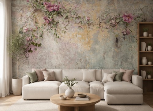 Fototapeta pnące róże – fioletowe kwiaty, girlanda i przecierana ściana grunge w stylu vintage i shabby chic