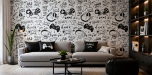 Fototapeta dla gracza napisy gamingowe czarno-biały wzór doodle w stylu nowoczesnym