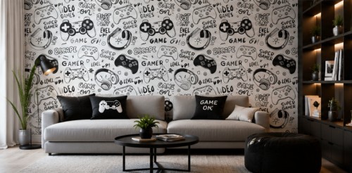 Fototapeta dla gracza napisy gamingowe czarno-biały wzór doodle w stylu nowoczesnym