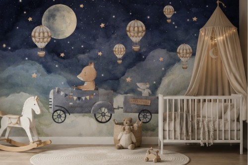 Fototapeta dziecięca Balony na tle nocnego nieba z księżycem