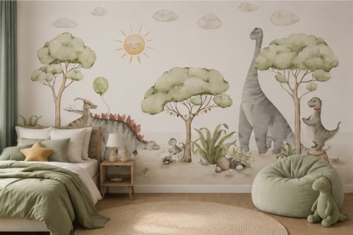 Fototapeta dla dzieci Dinozaury akwarelowe wesoła kraina boho