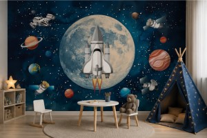 Fototapeta dla dzieci Kosmos rakieta planety księżyc premium na wymiar