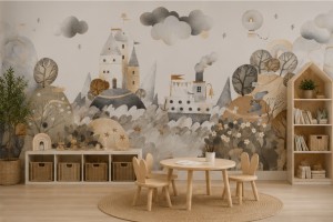 Fototapeta dziecięca Akwarelowa kraina z zamkiem statkiem i balonem