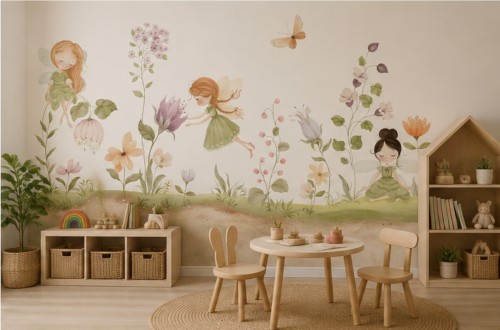 Fototapeta dla dzieci Leśne wróżki i kwiaty pastelowa łąka boho