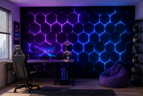 Fototapeta nowoczesna abstrakcja neonowe heksagony fioletowo-niebieskie
