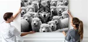 Obraz WOLF AMONG SHEEP Wilk i Owce Czarno-Biały – Nowoczesna Sztuka Loft Motywacja do Salonu i Biura