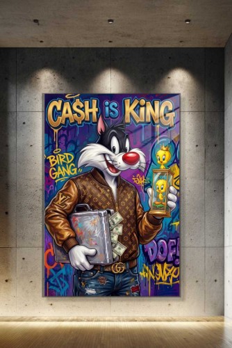 Obraz SYLVESTER TWEETY Cash Is King – Nowoczesny Pop Art Louis Vuitton do Salonu i Biura