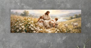 OBRAZ RELIGIJNY JEZUS DOBRY PASTERZ Z DZIEĆMI ŁĄKA OWIECZKI PANORAMICZNY CANVAS