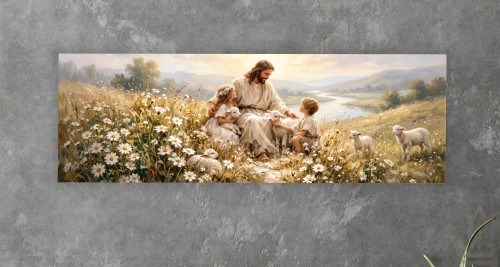 OBRAZ RELIGIJNY JEZUS DOBRY PASTERZ Z DZIEĆMI ŁĄKA OWIECZKI PANORAMICZNY CANVAS
