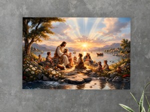  Obraz na płótnie Jezus z dziećmi nad jeziorem zachód słońca