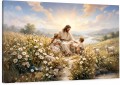  Obraz na płótnie CANVAS religijny Miłosierny Jezus z dziećmi na łące owce