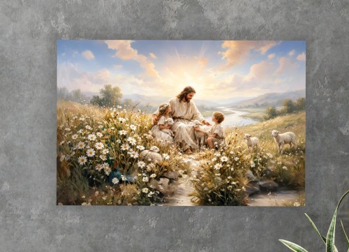  Obraz na płótnie CANVAS religijny Miłosierny Jezus z dziećmi na łące owce