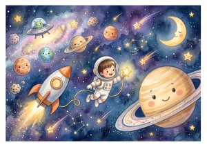 Fototapeta dla dzieci układ słoneczny saturn księżyc gwiazdy galaktyka bajka