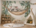 Fototapeta dziecięcy wzór ŚPIĄCY MIŚ KOALA bambus gałązki boho