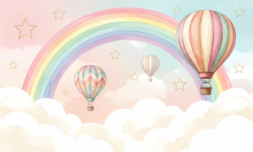 Fototapeta dla dziewczynki Bajkowa fantazja balony i tęczą niebo chmurki 