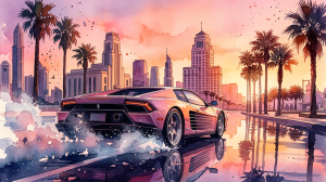 Fototapeta młodzieżowa AUTO MIAMI VIBES palmy zachód 