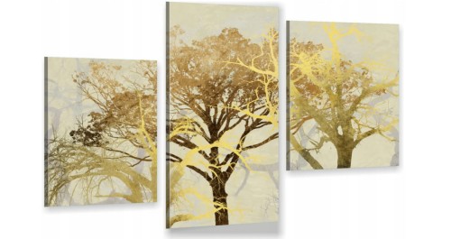 OBRAZ złote drzewo 3D TRYPTYK TRZYCZĘŚĆIOWY CANVAS 